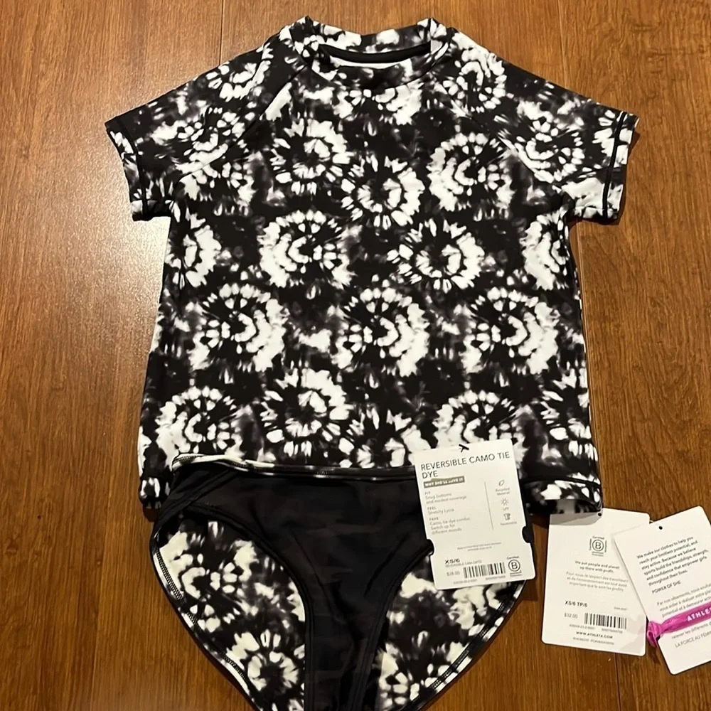 Athleta Girl Camo Tie Dye Mock Neck Rashguard, Bikini Top & Bottom Size 6.